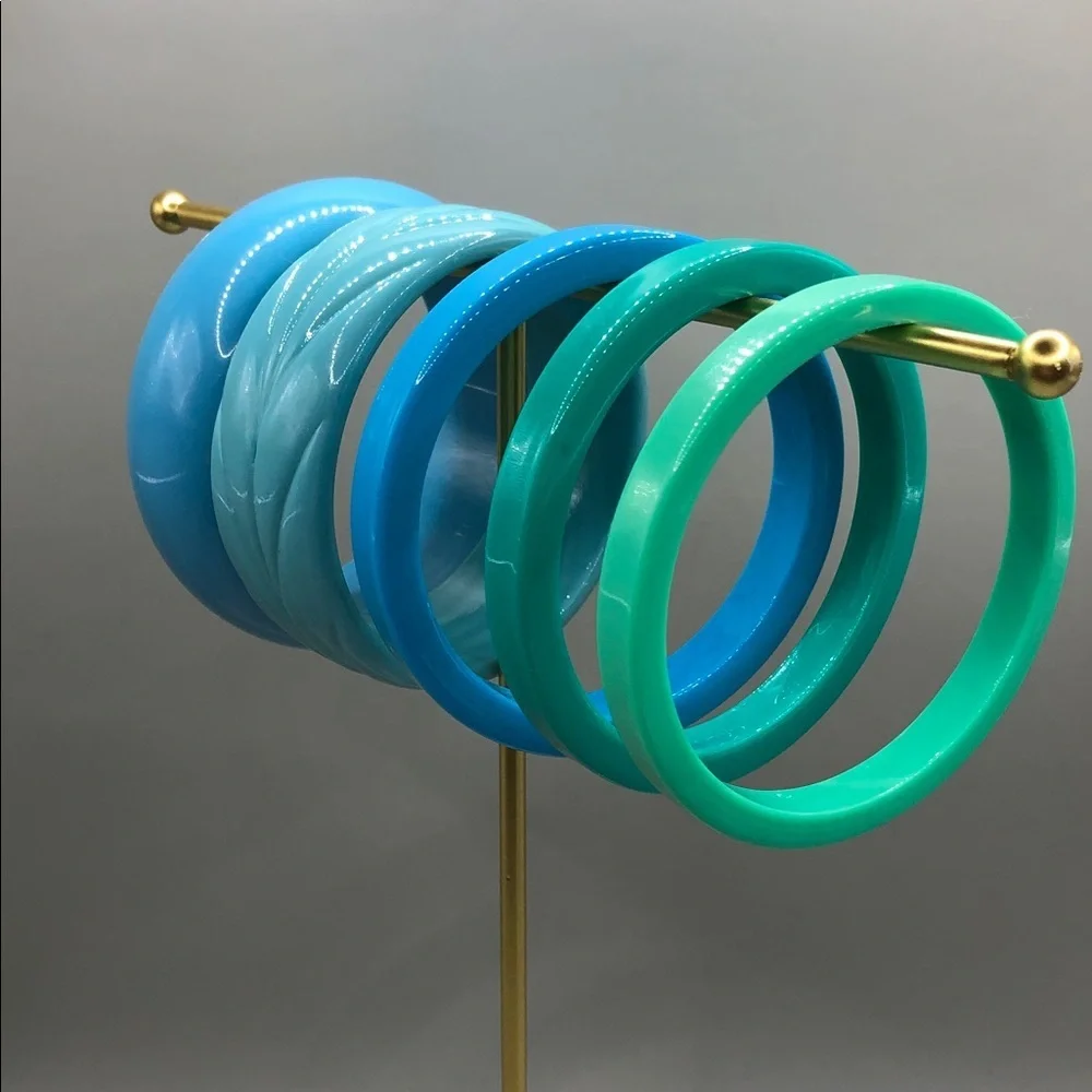 Bundle lot 5 vintage 90's acrylic resin bangle bracelets blue green layer stack